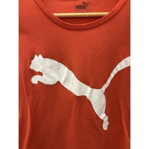 PUMA women Big Cat Logo Activewear T Shirt size L  Orange Moisture Wicking Knit